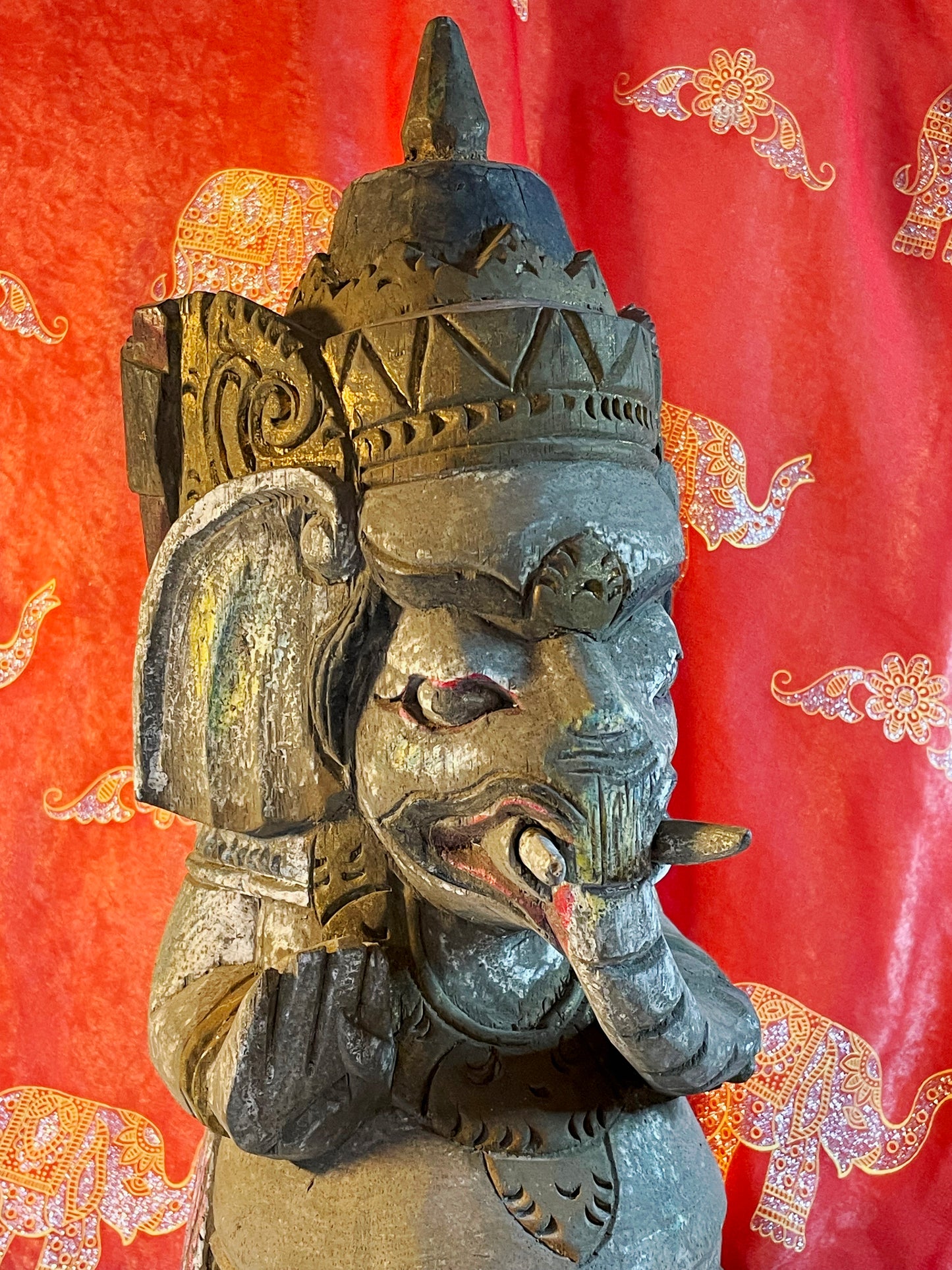 Old Balinese Ganesha Sculpture – 54 cm Hand-Carved & Polychrome Painted Wooden Statue – Rare Elephant God Variant