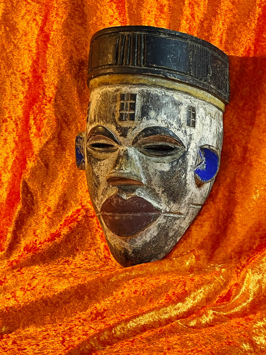 Vintage Ivory Coast Tribal Mask – White Blue Red Polychrome Wood Mask – Cubist Modernist African Art – 28 cm