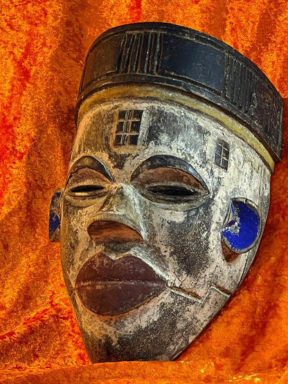 Vintage Ivory Coast Tribal Mask – White Blue Red Polychrome Wood Mask – Cubist Modernist African Art – 28 cm