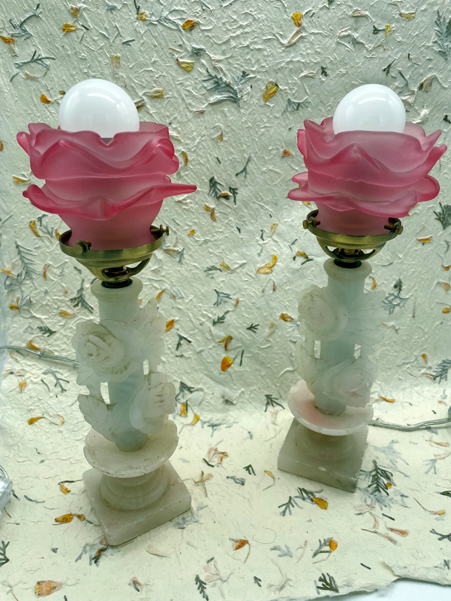 White marble lamp with carved roses and pink rose glass shade