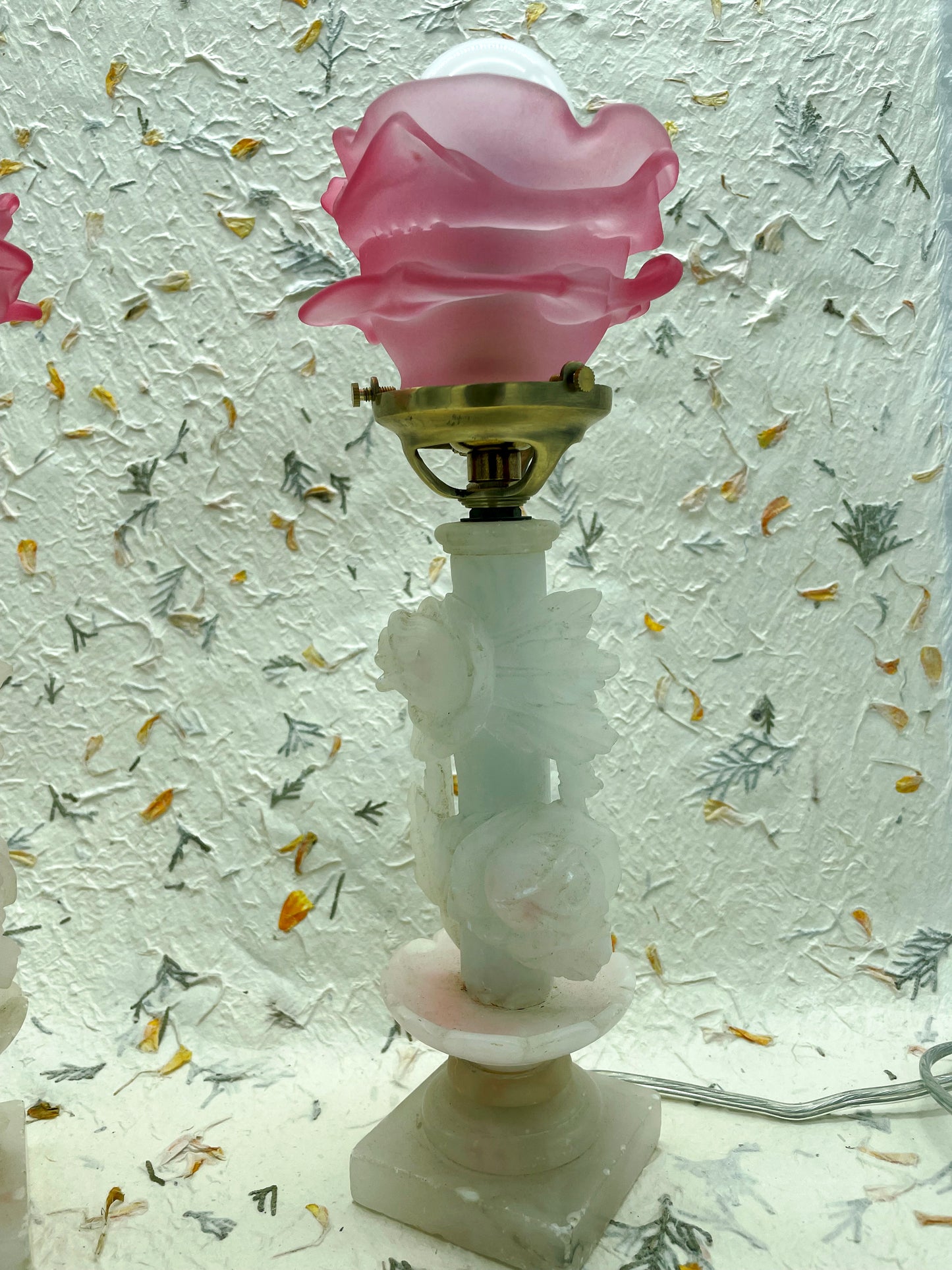 Detail of pink pâte de verre rose shaped lamp shade