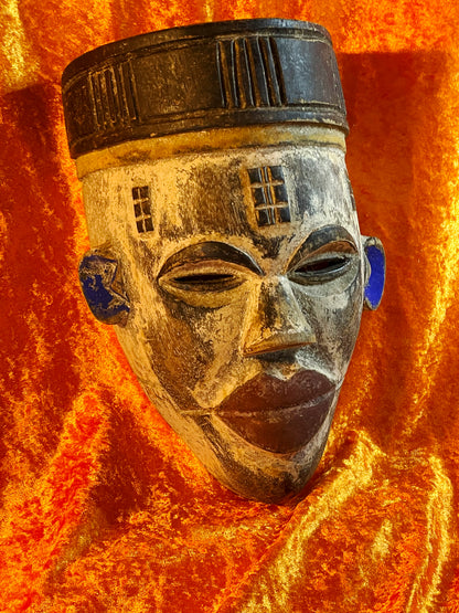 Vintage Ivory Coast Tribal Mask – White Blue Red Polychrome Wood Mask – Cubist Modernist African Art – 28 cm