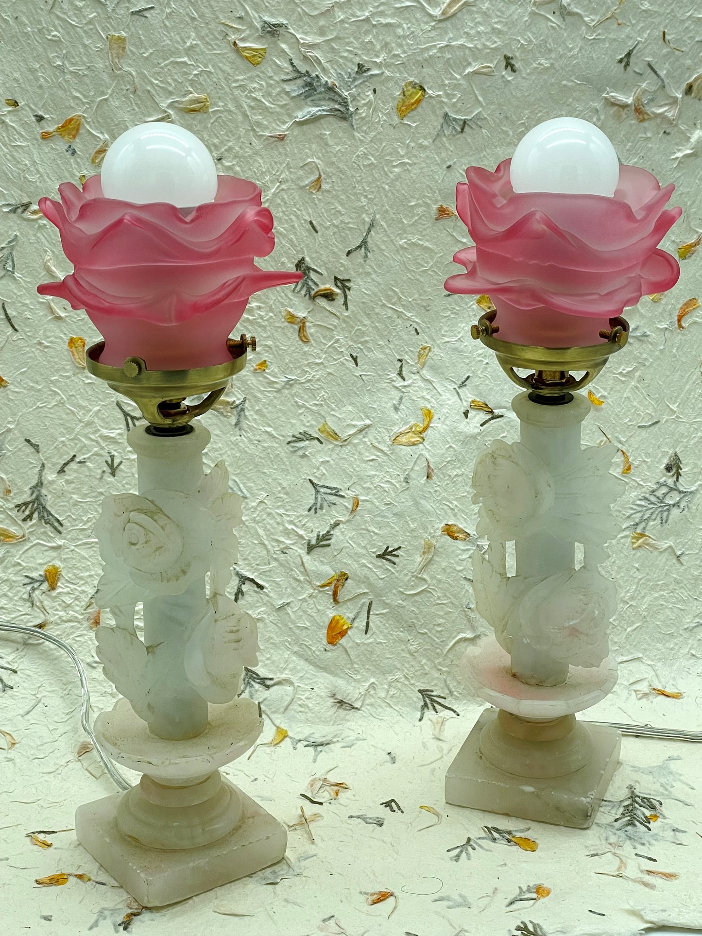 Pair of French white marble bedside lamps with pink pâte de verre rose shades