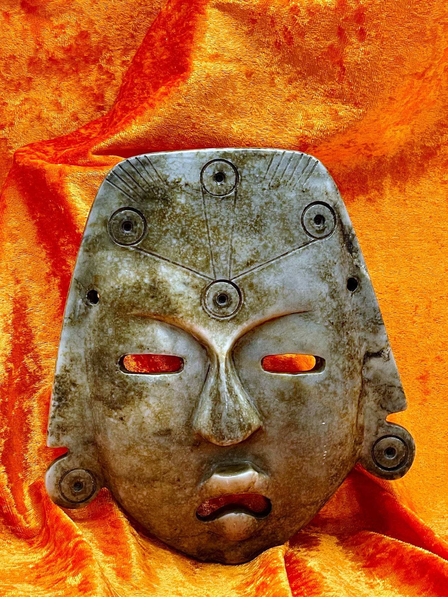 Rare Olmec Jade Mask – Large Ancient-Style Pre-Columbian Mask with Engraved Symbols – 20 cm