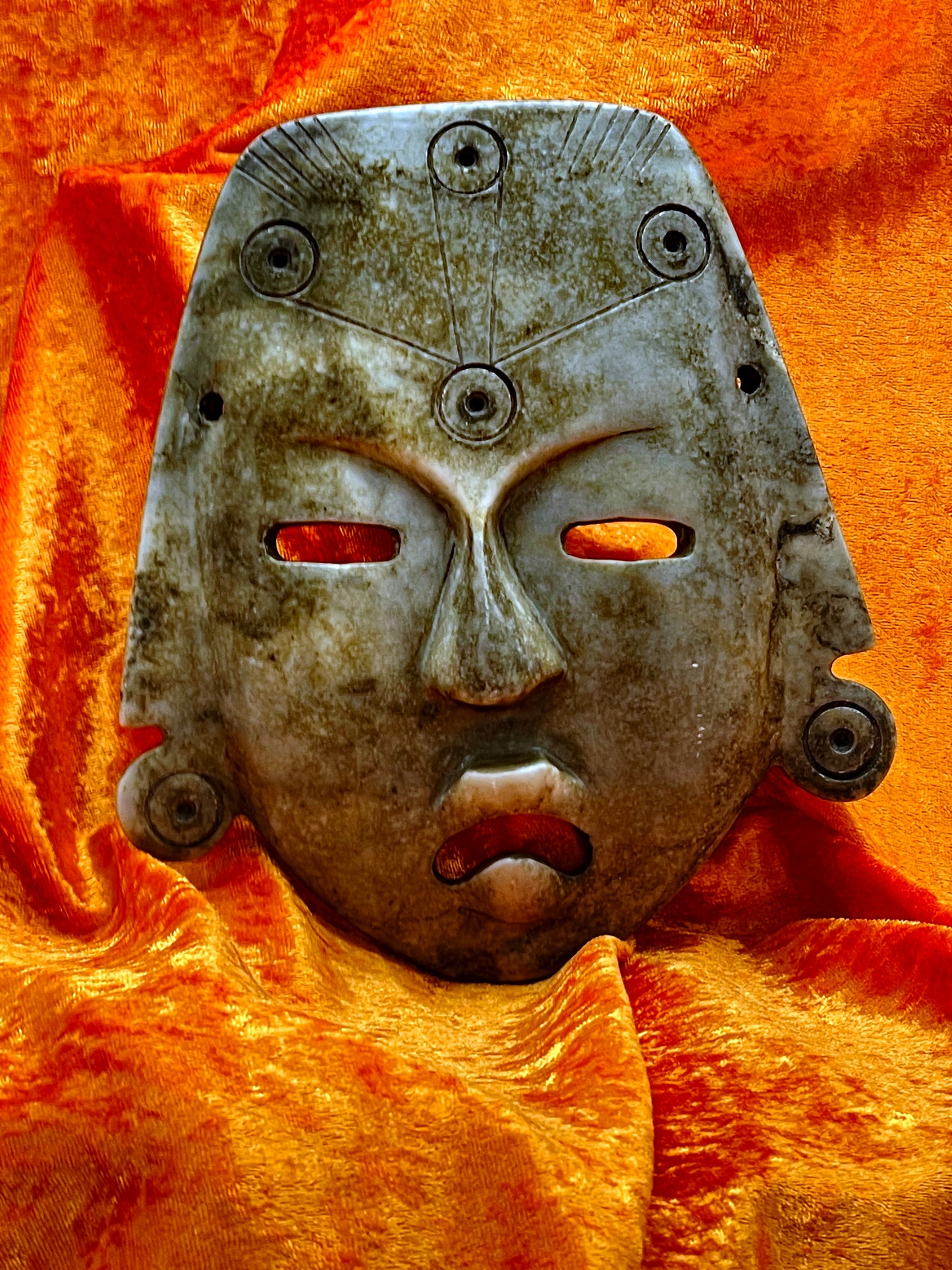 Rare Olmec Jade Mask – Large Ancient-Style Pre-Columbian Mask with Engraved Symbols – 20 cm