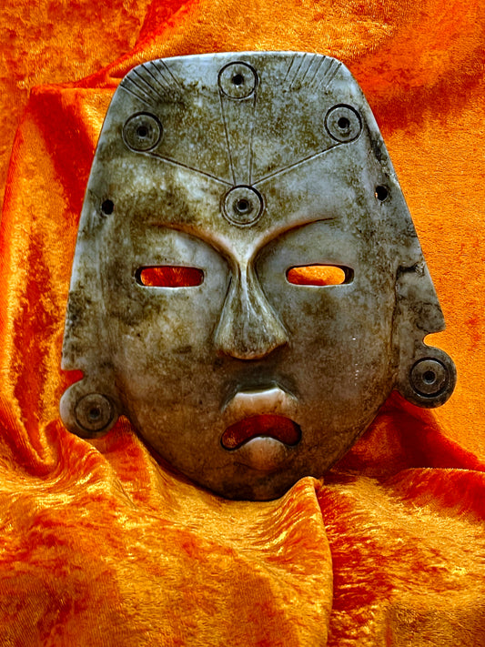 Rare Olmec Jade Mask – Large Ancient-Style Pre-Columbian Mask with Engraved Symbols – 20 cm