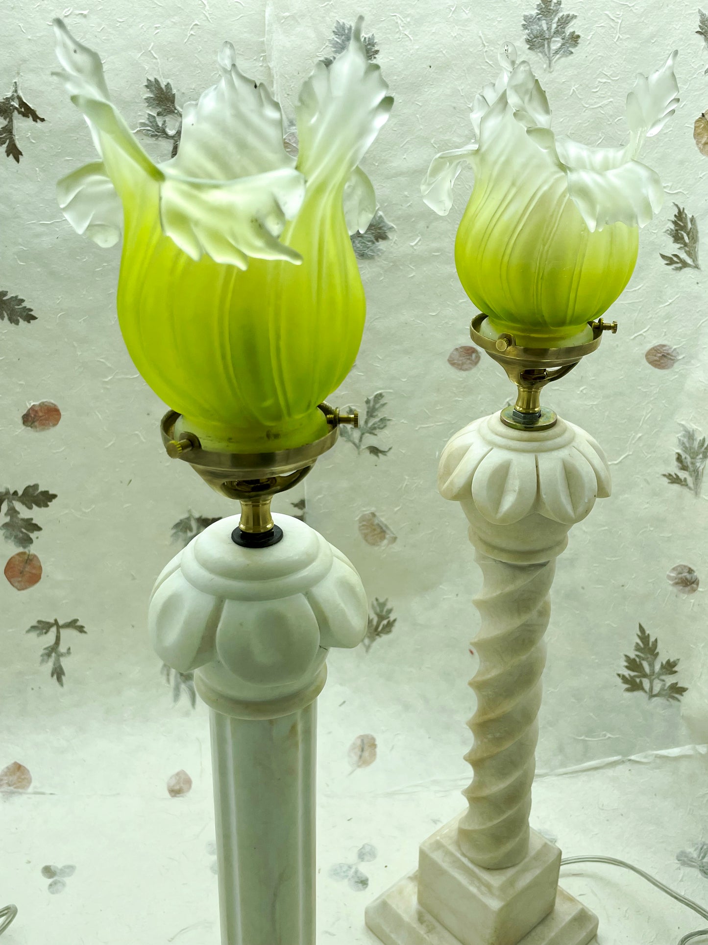 Carved lotus collar and brass fitting on marble lamp