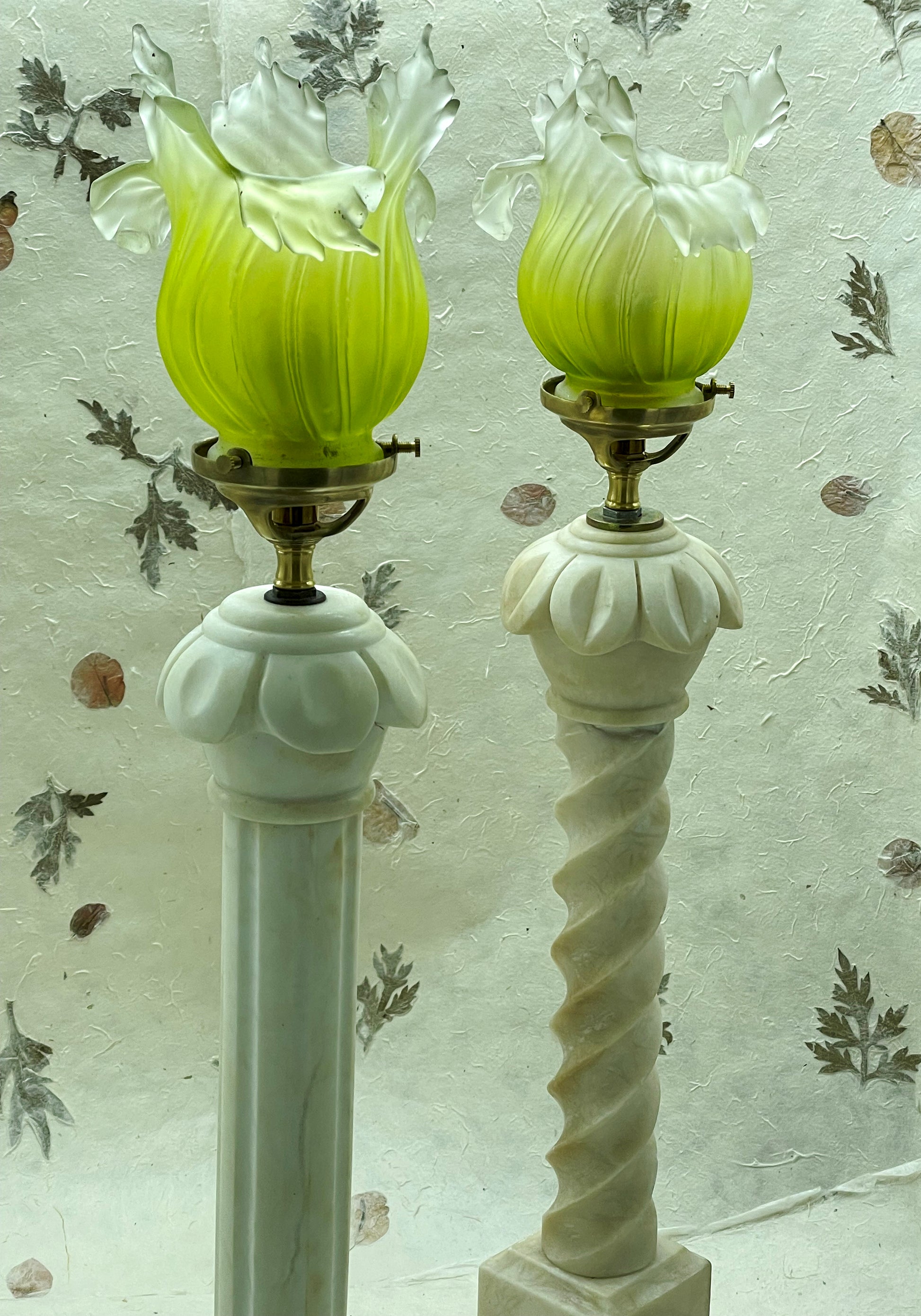 Close view of green pate de verre flower shade