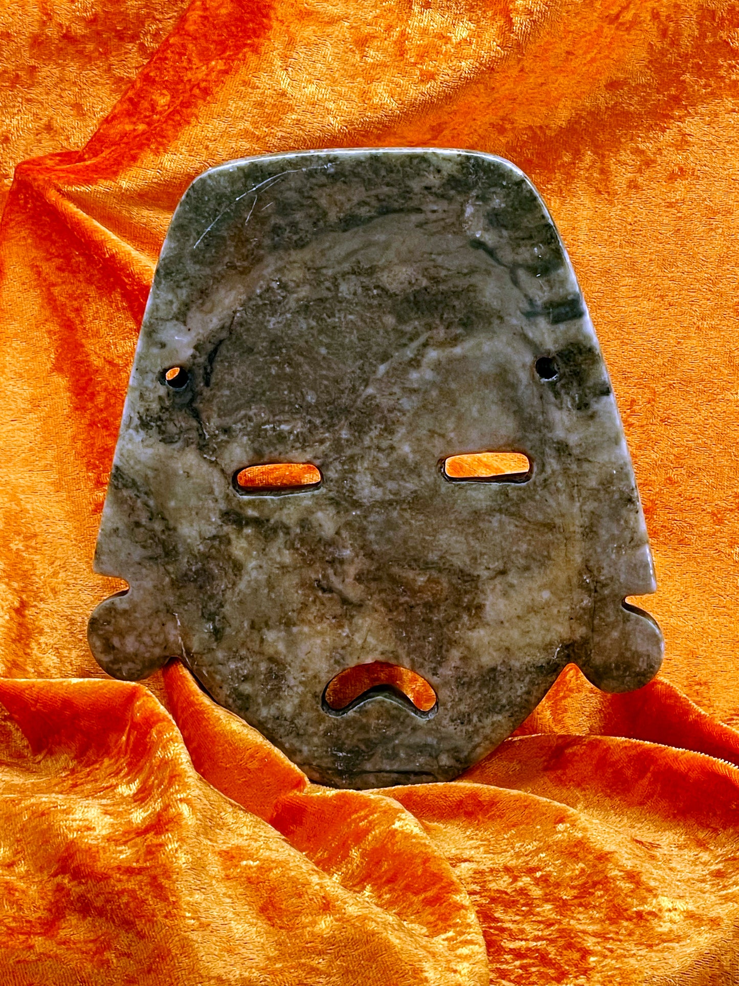 Rare Olmec Jade Mask – Large Ancient-Style Pre-Columbian Mask with Engraved Symbols – 20 cm