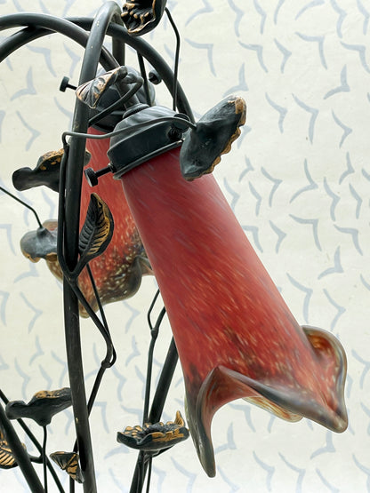 1920s French Art Déco Bronze Lamp with Pâte de Verre Tulip Shades