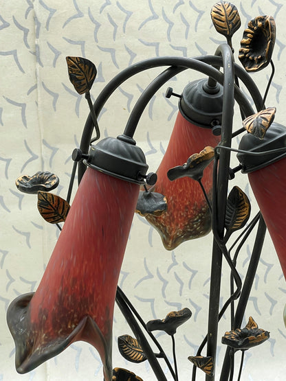 1920s French Art Déco Bronze Lamp with Pâte de Verre Tulip Shades