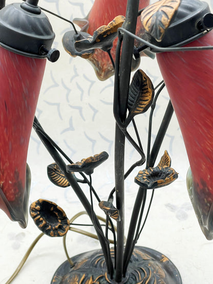 1920s French Art Déco Bronze Lamp with Pâte de Verre Tulip Shades