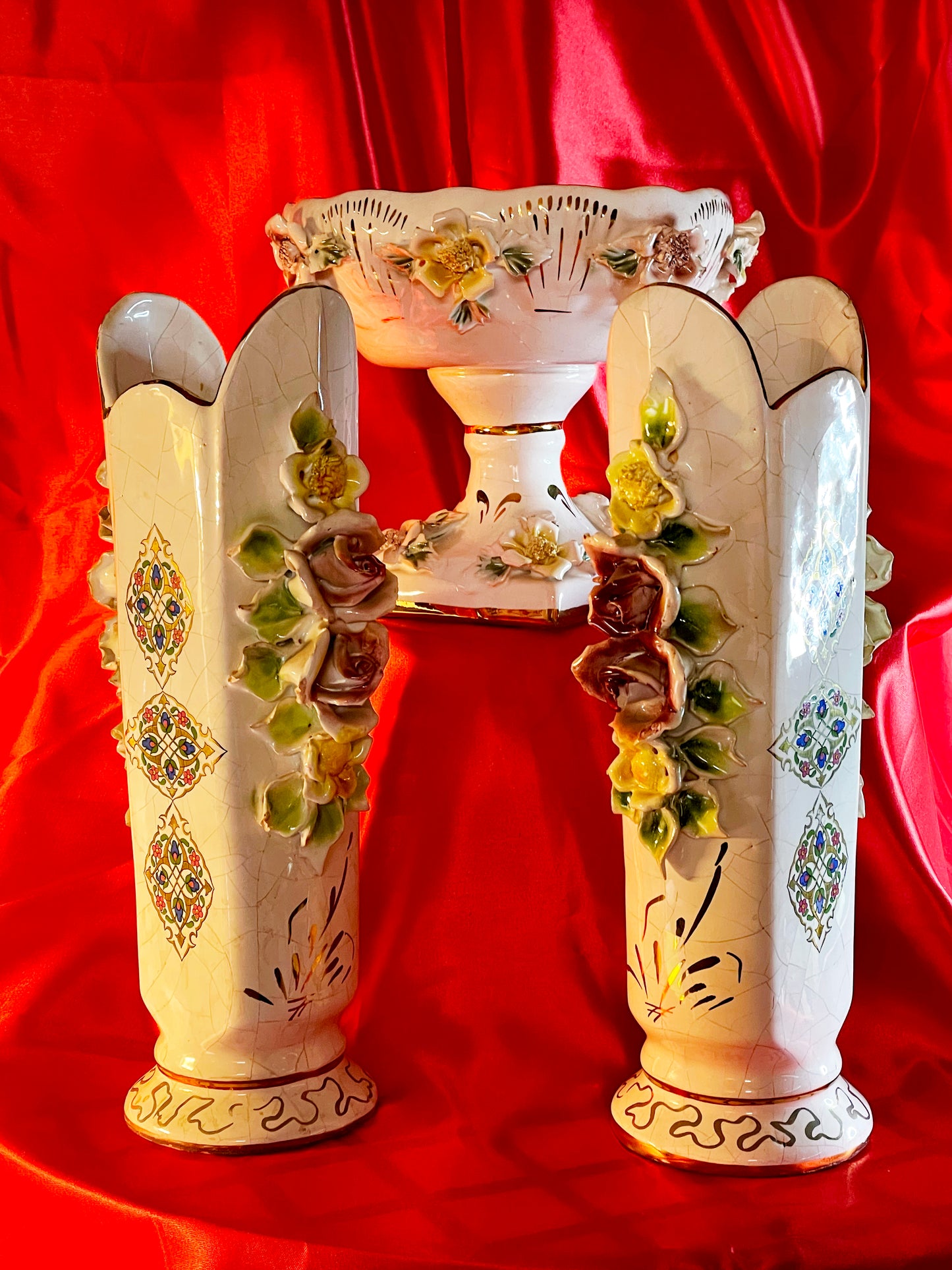 Capodimonte style vintage porcelain ensemble, pair of vases with footed compote and rose appliqués