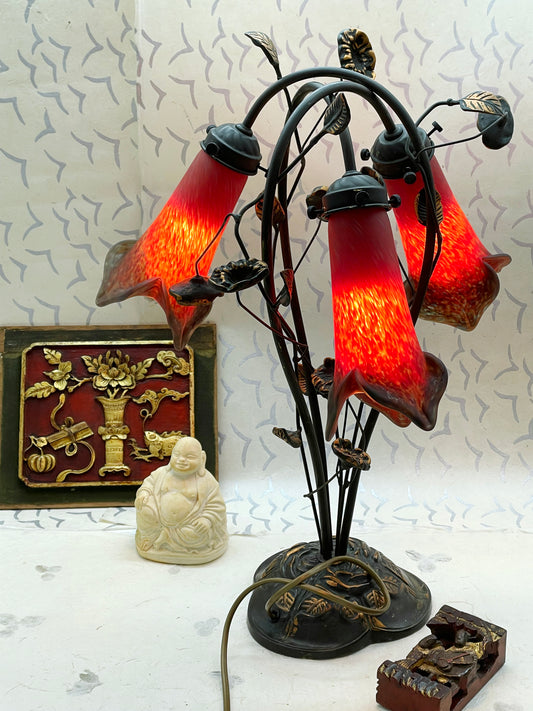 1920s French Art Déco Bronze Lamp with Pâte de Verre Tulip Shades