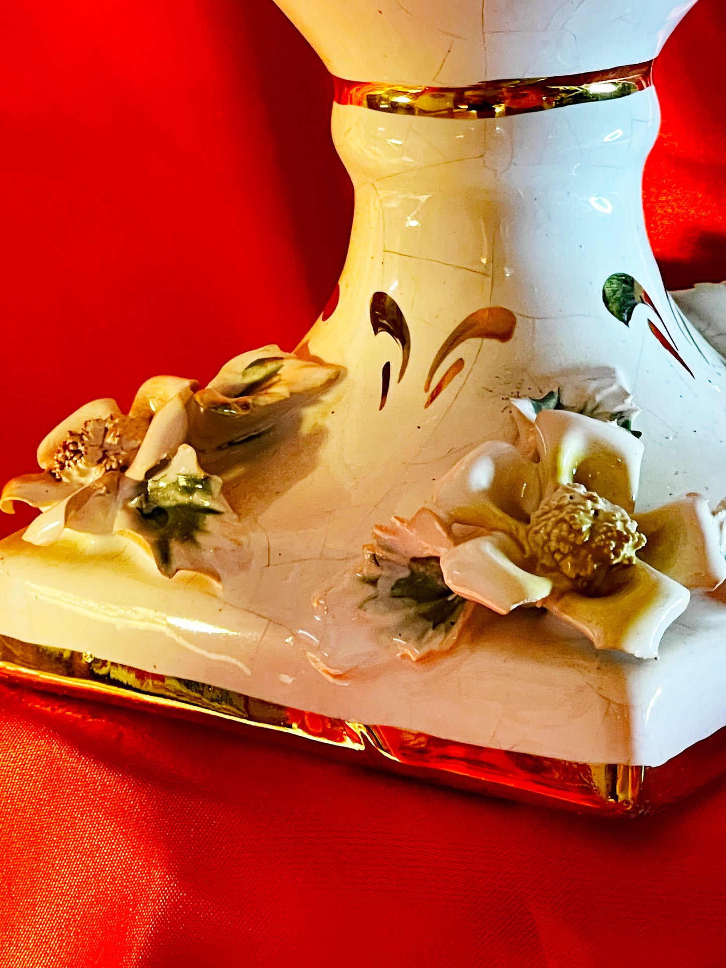 Footed porcelain compote or fruit bowl with applied roses and gilded rim