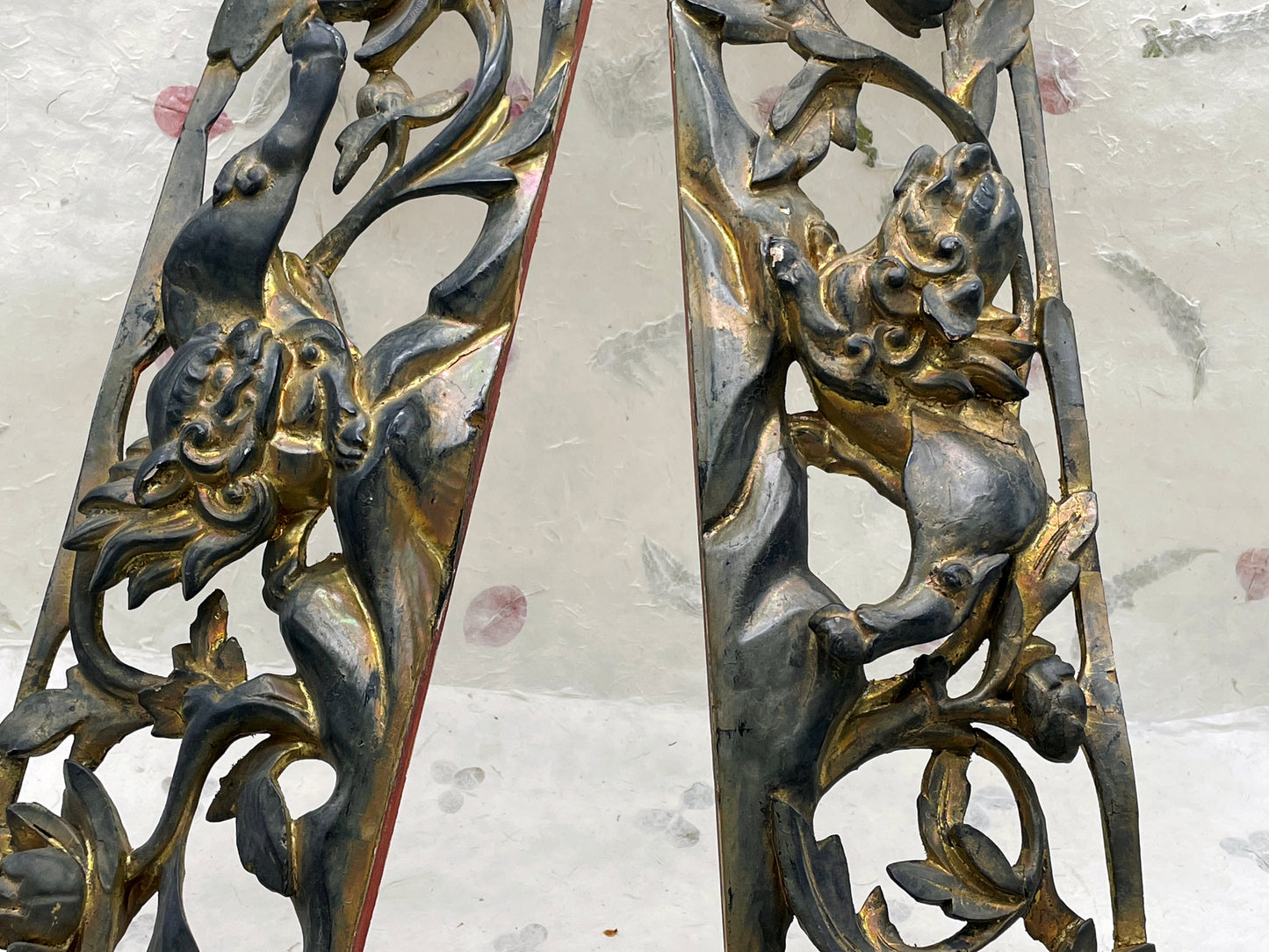 Detail of relief carving and original gilding on Chinese wooden panel