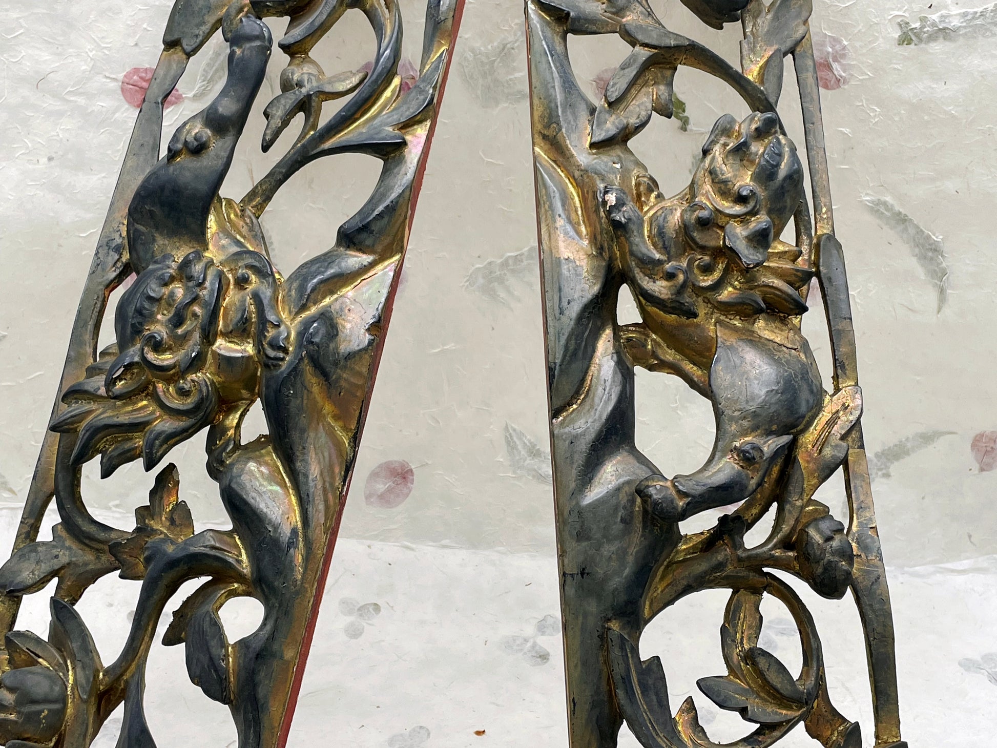 Detail of relief carving and original gilding on Chinese wooden panel