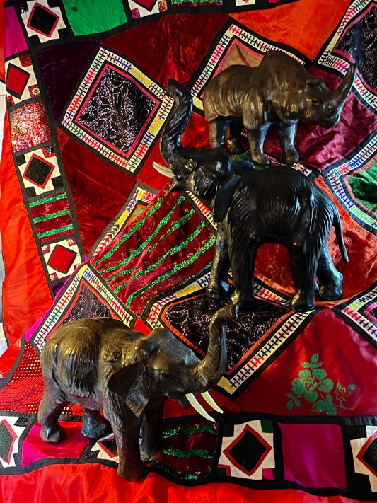 Vintage Leather Elephant & Rhinoceros Sculptures – Handcrafted Safari Animal Figures, Liberty Style Collectors Set (3 Pieces)