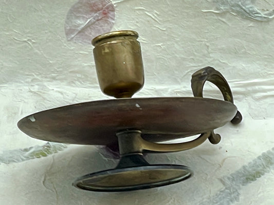 Antique brass and copper chamberstick candle holder with finger grip