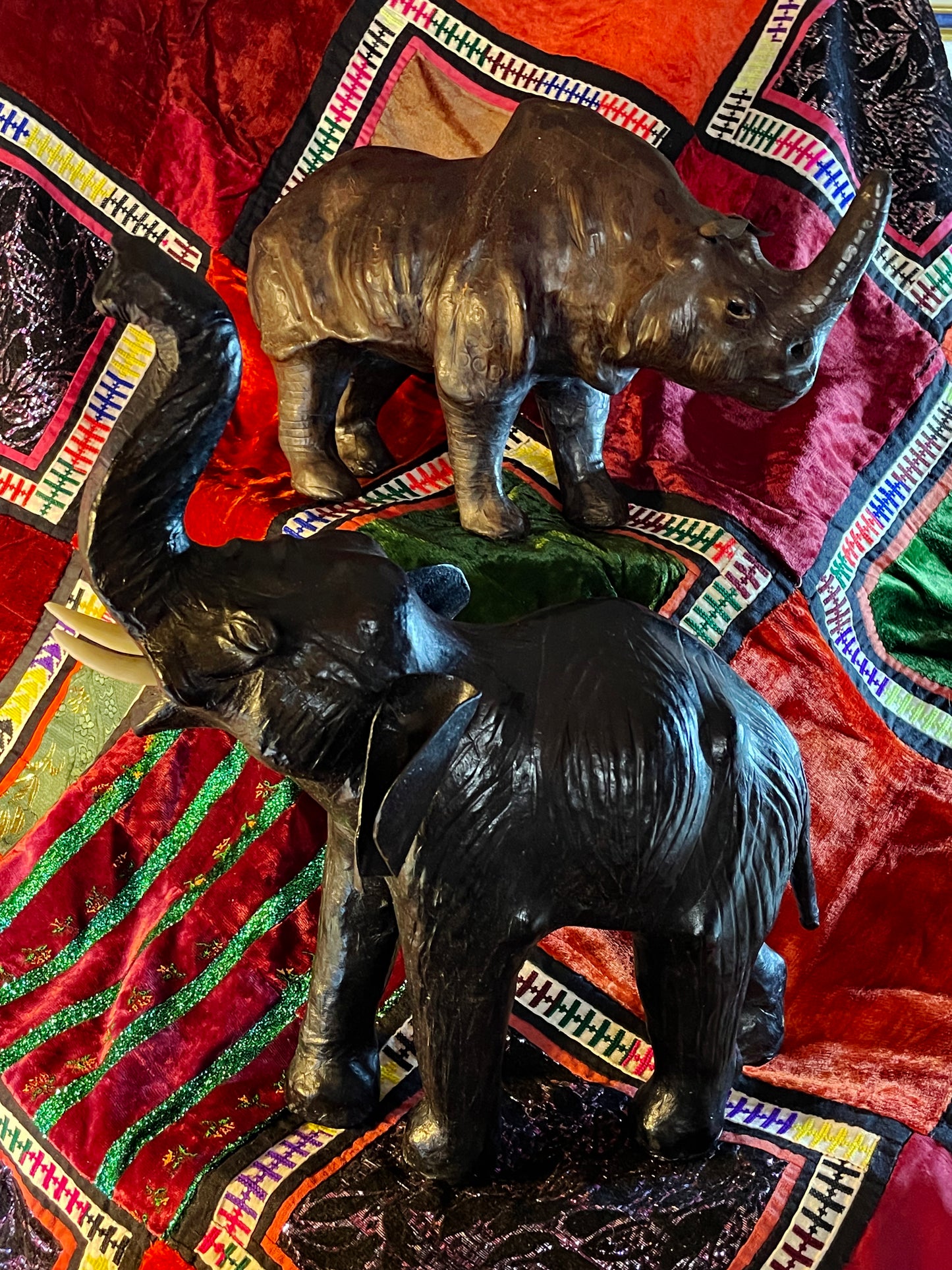 Vintage Leather Elephant & Rhinoceros Sculptures – Handcrafted Safari Animal Figures, Liberty Style Collectors Set (3 Pieces)