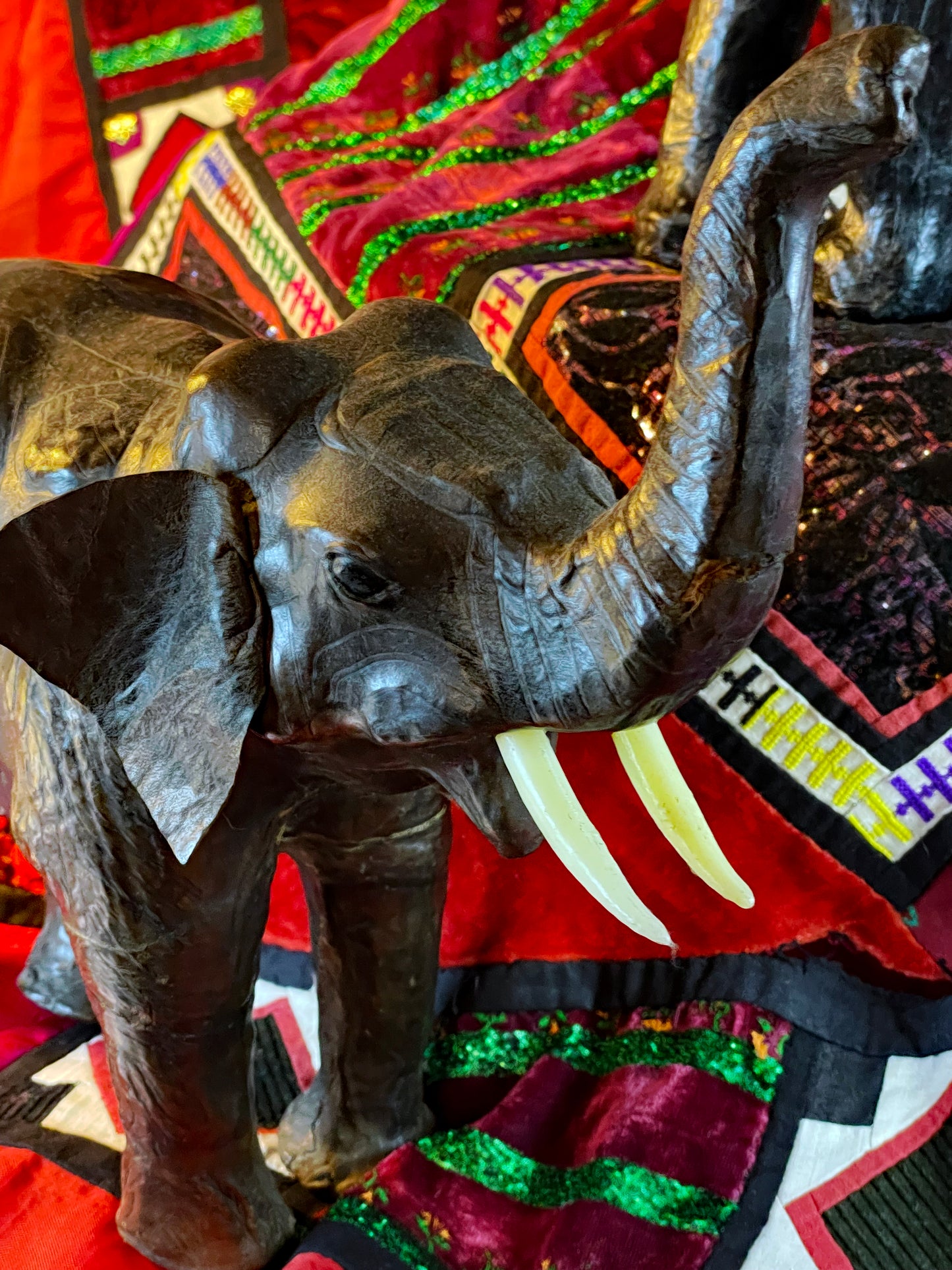 Vintage Leather Elephant & Rhinoceros Sculptures – Handcrafted Safari Animal Figures, Liberty Style Collectors Set (3 Pieces)