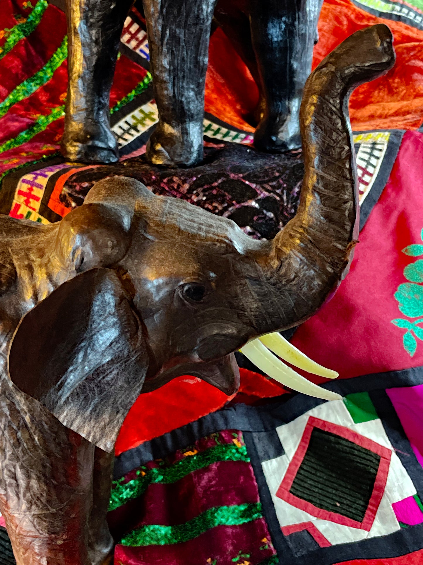 Vintage Leather Elephant & Rhinoceros Sculptures – Handcrafted Safari Animal Figures, Liberty Style Collectors Set (3 Pieces)