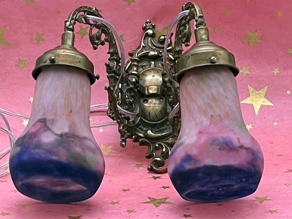 Signed French Art Nouveau Wall Sconce by Müller Frères, Luneville – Pâte de Verre Shades, Fully Rewired, Early 20th Century
