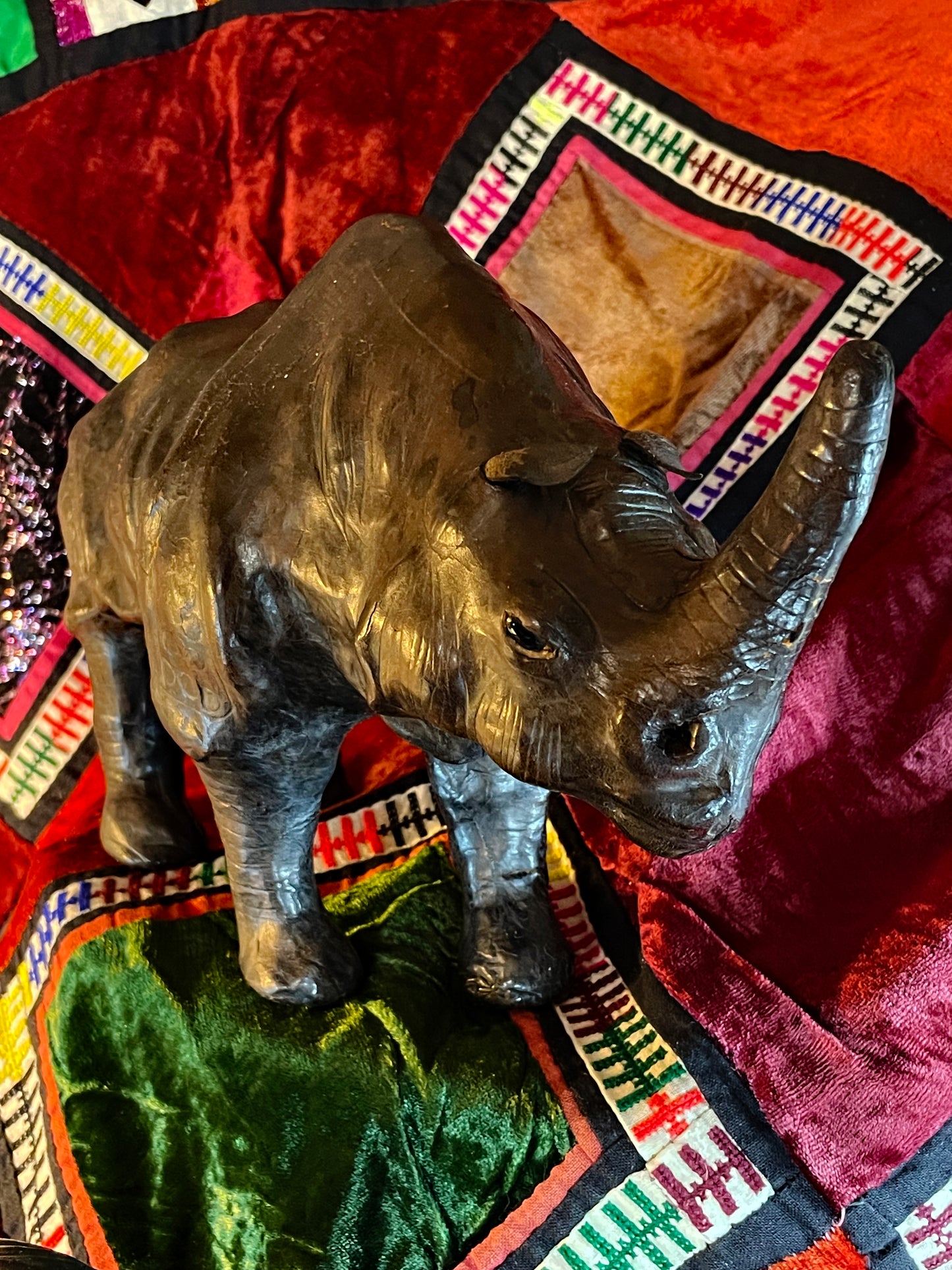 Vintage Leather Elephant & Rhinoceros Sculptures – Handcrafted Safari Animal Figures, Liberty Style Collectors Set (3 Pieces)