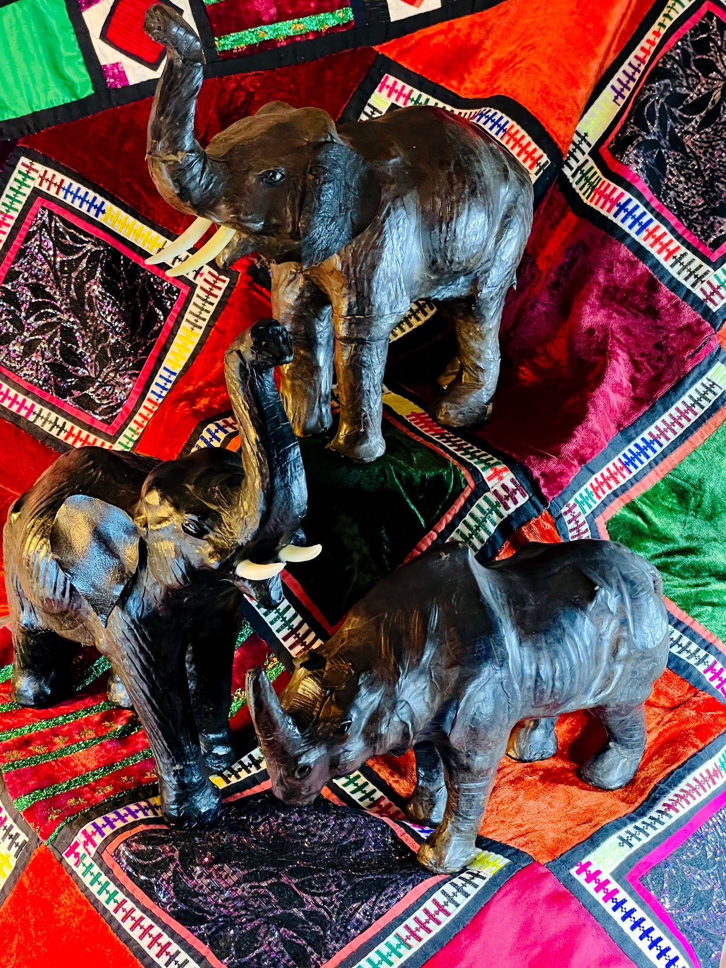 Vintage Leather Elephant & Rhinoceros Sculptures – Handcrafted Safari Animal Figures, Liberty Style Collectors Set (3 Pieces)