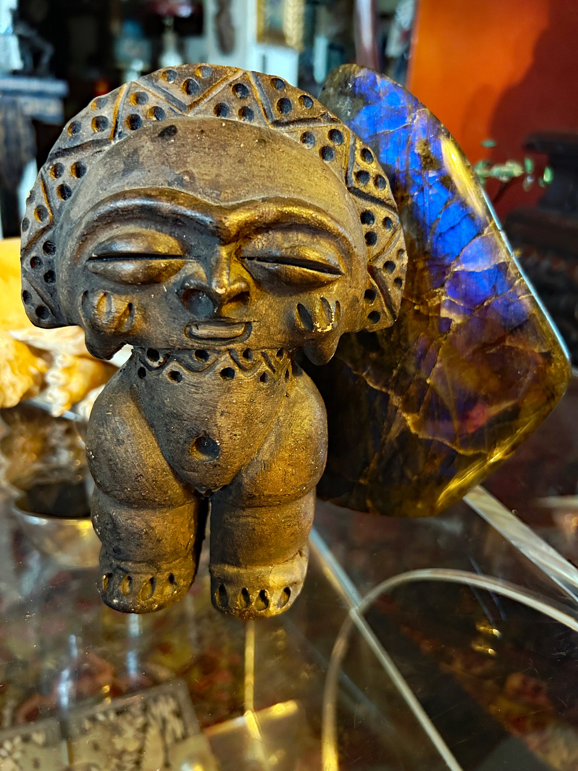 Taino pre-Columbian style cohoba idol, three-quarter view showing carved detail