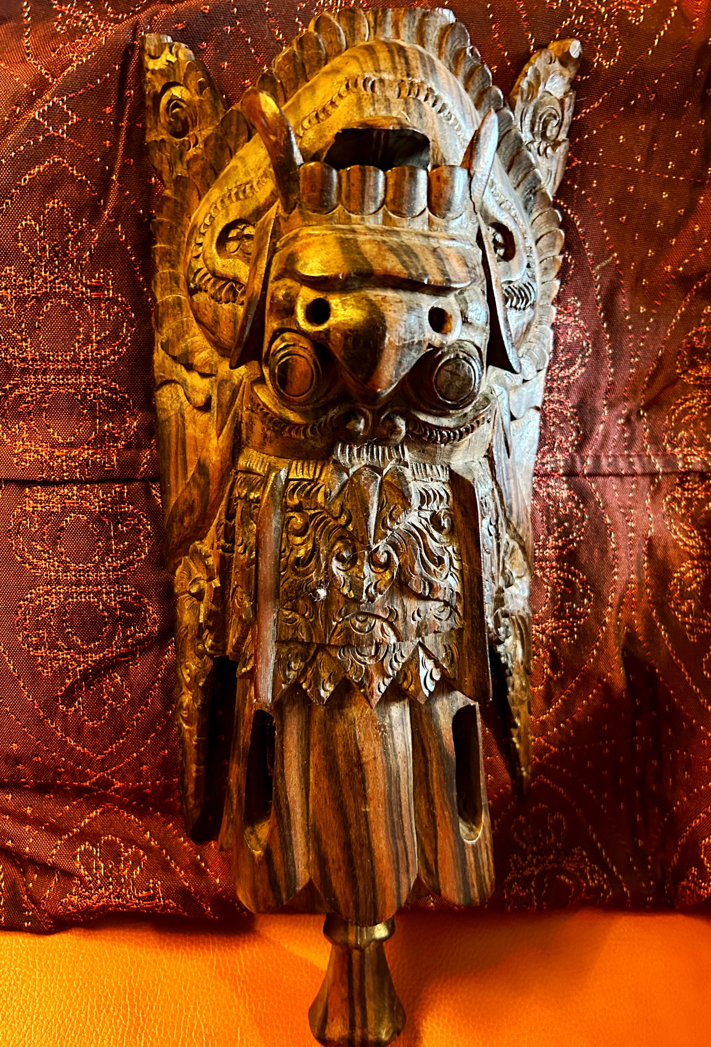 Antique Balinese Garuda carving in dark coromandel hardwood, full frontal view