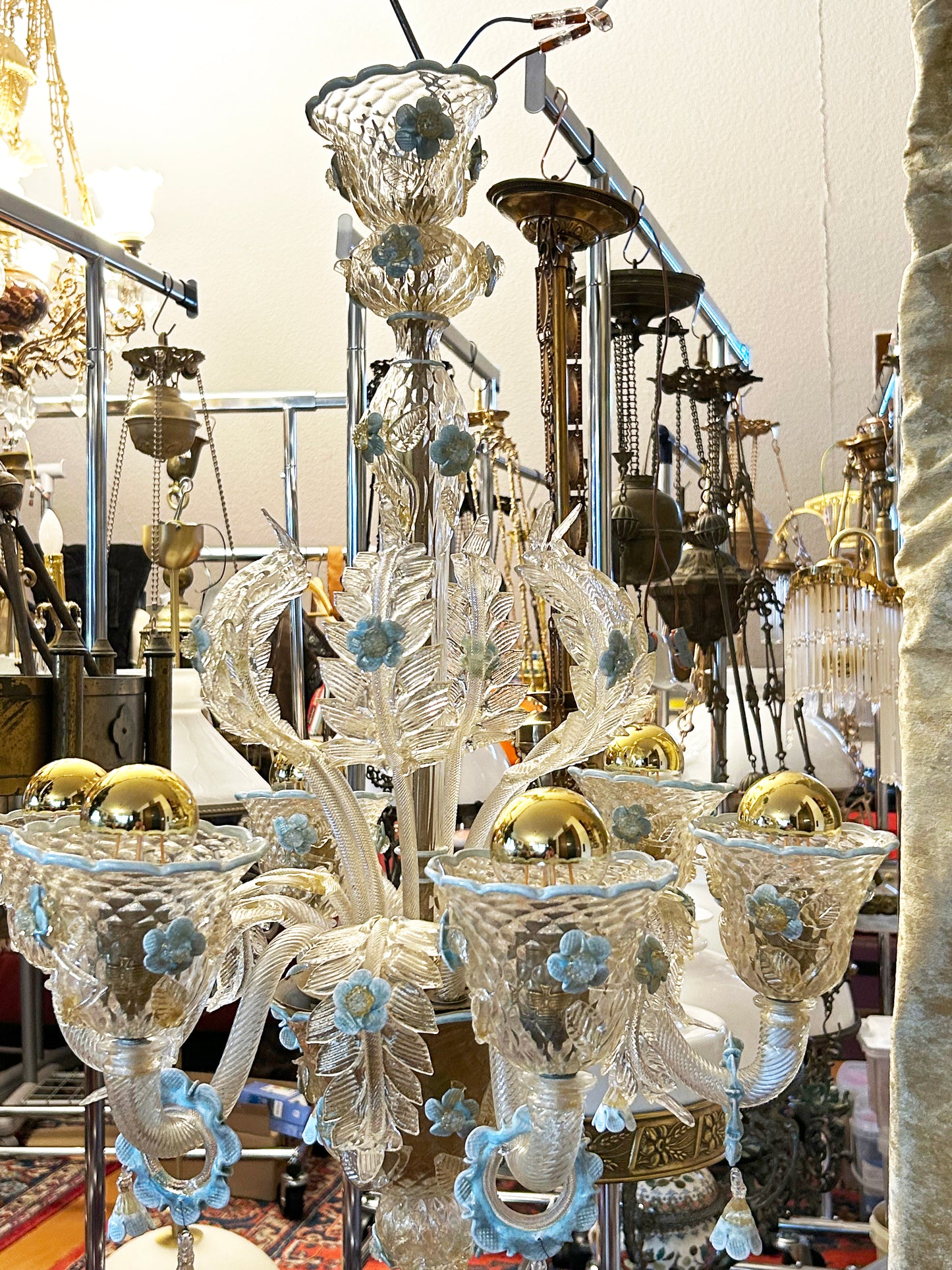 Venetian Murano glass chandelier, alternate full angle showing all six arms