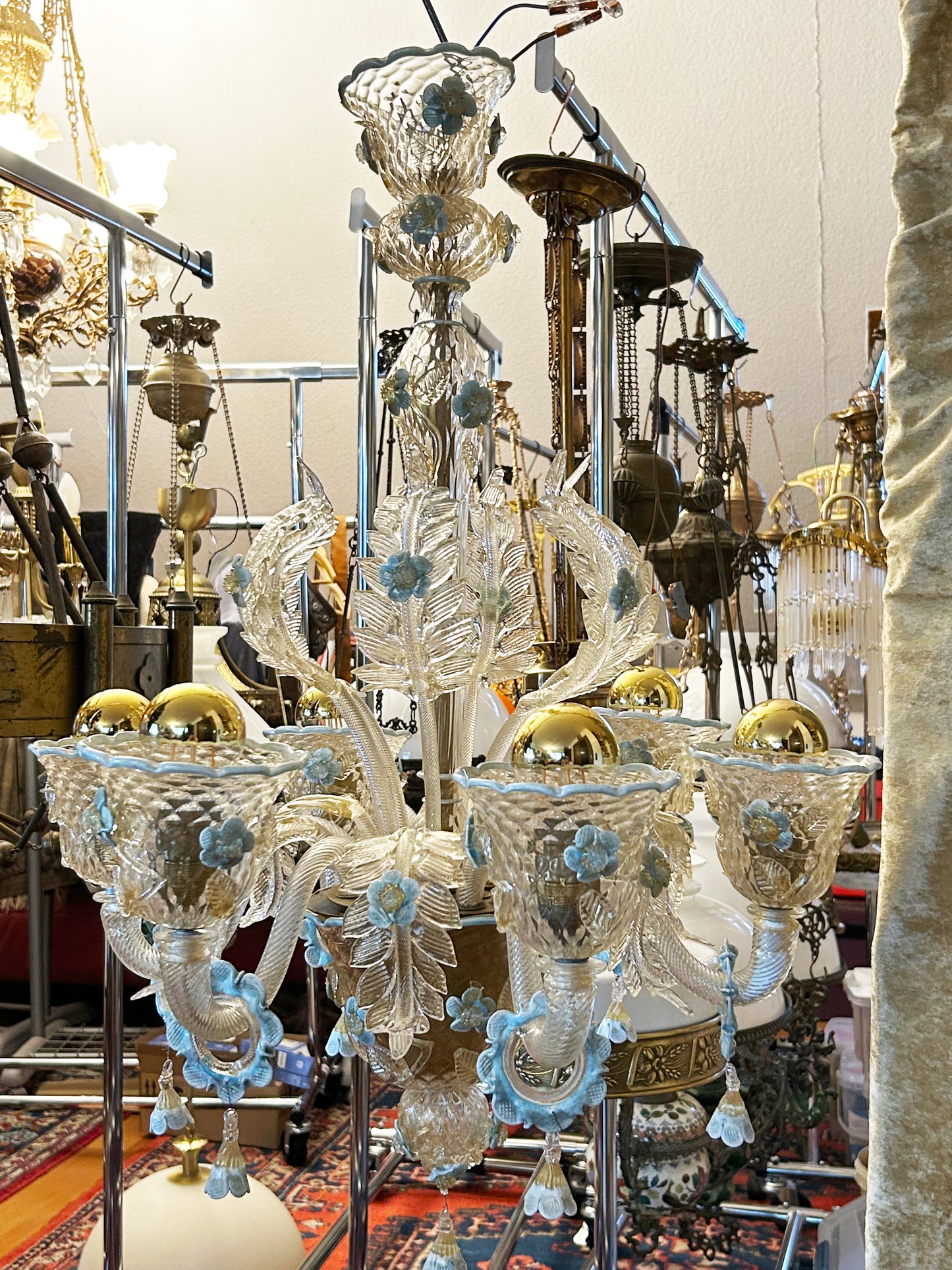 Antique six arm Murano glass chandelier in white, blue and gold, full three quarter view