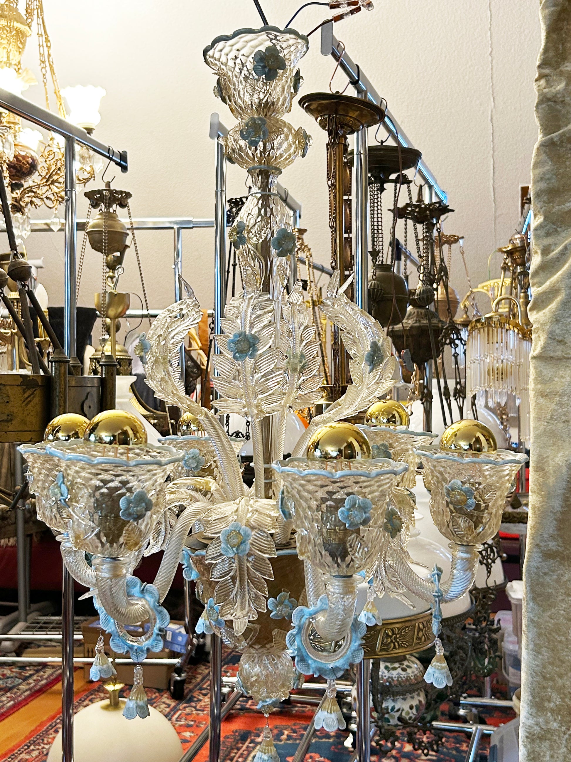 Antique six arm Murano glass chandelier in white, blue and gold, full three quarter view