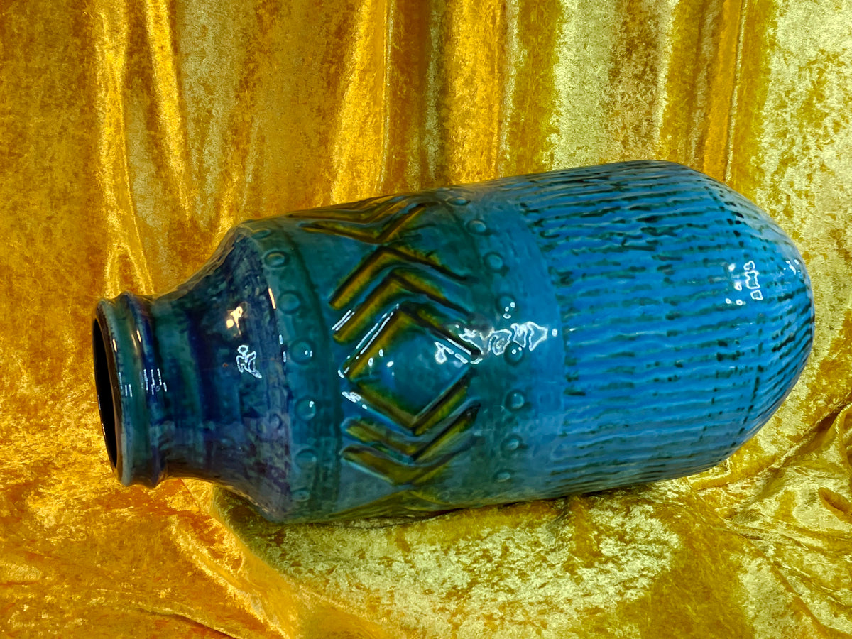 West German turquoise floor vase seen from above, shoulder and chevron relief detail