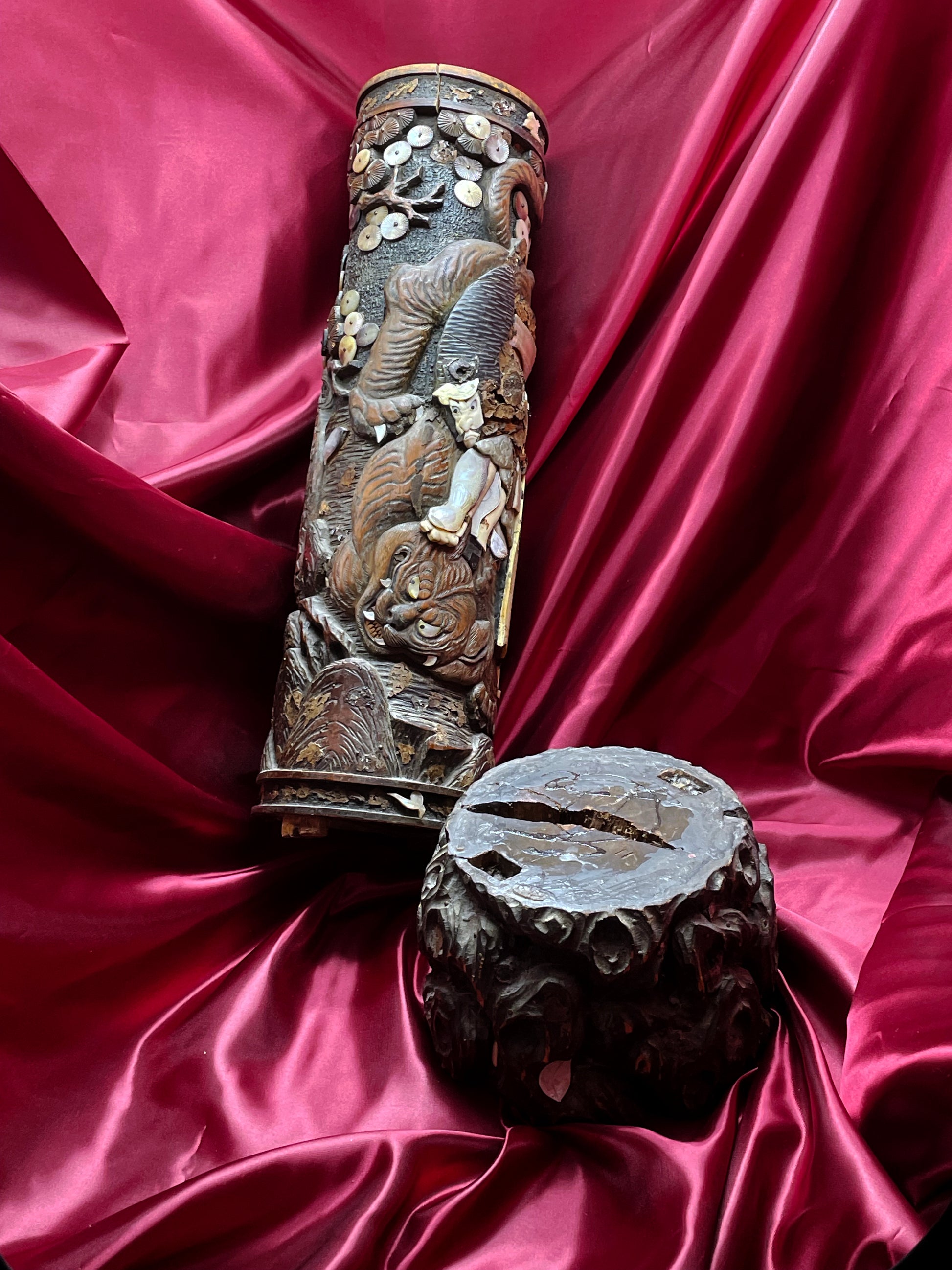 Carved footed base of the antique butter cask