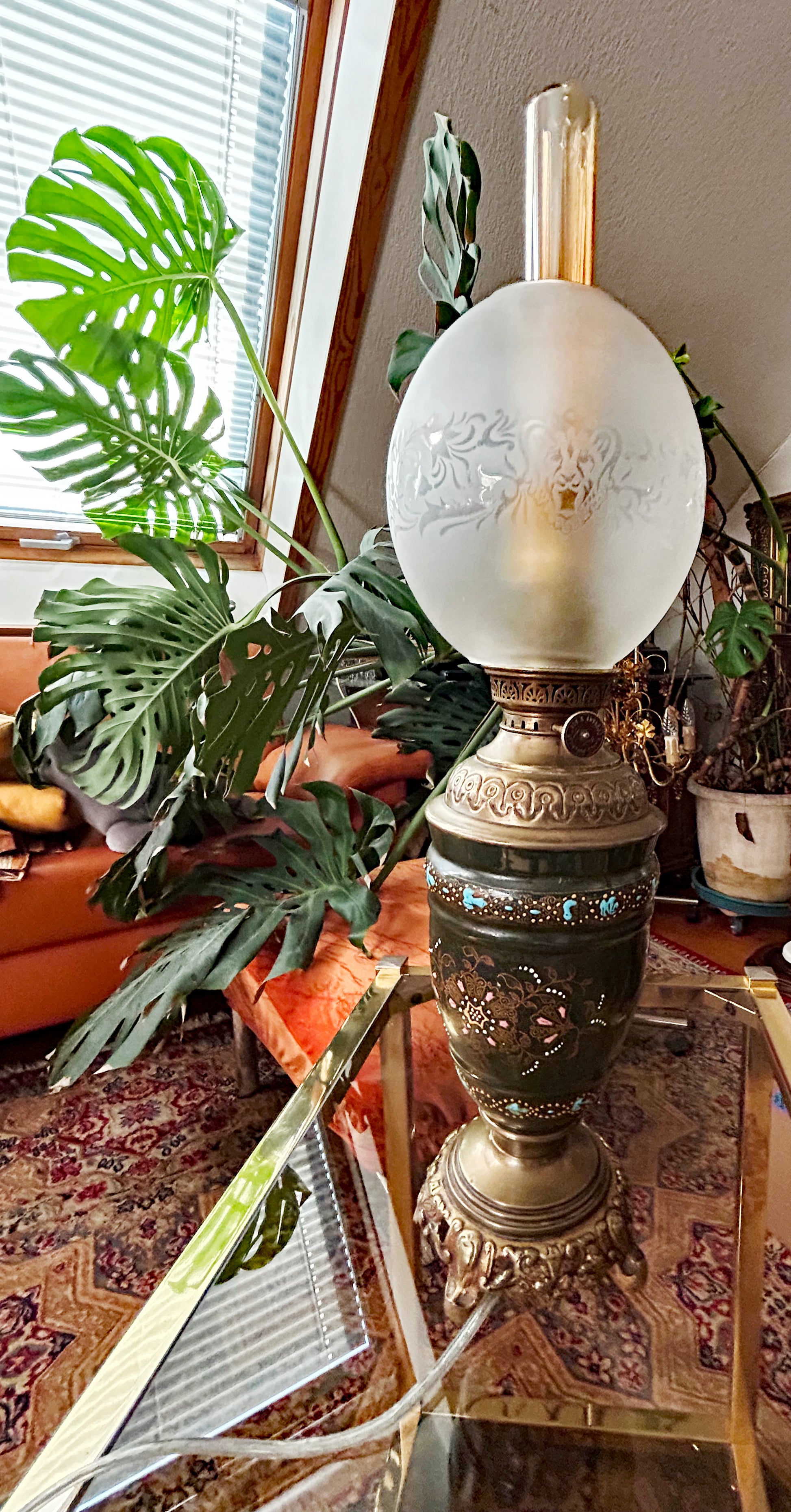 Antique cloisonné enamel petroleum lamp, electrified, full view with etched glass globe and bronze base