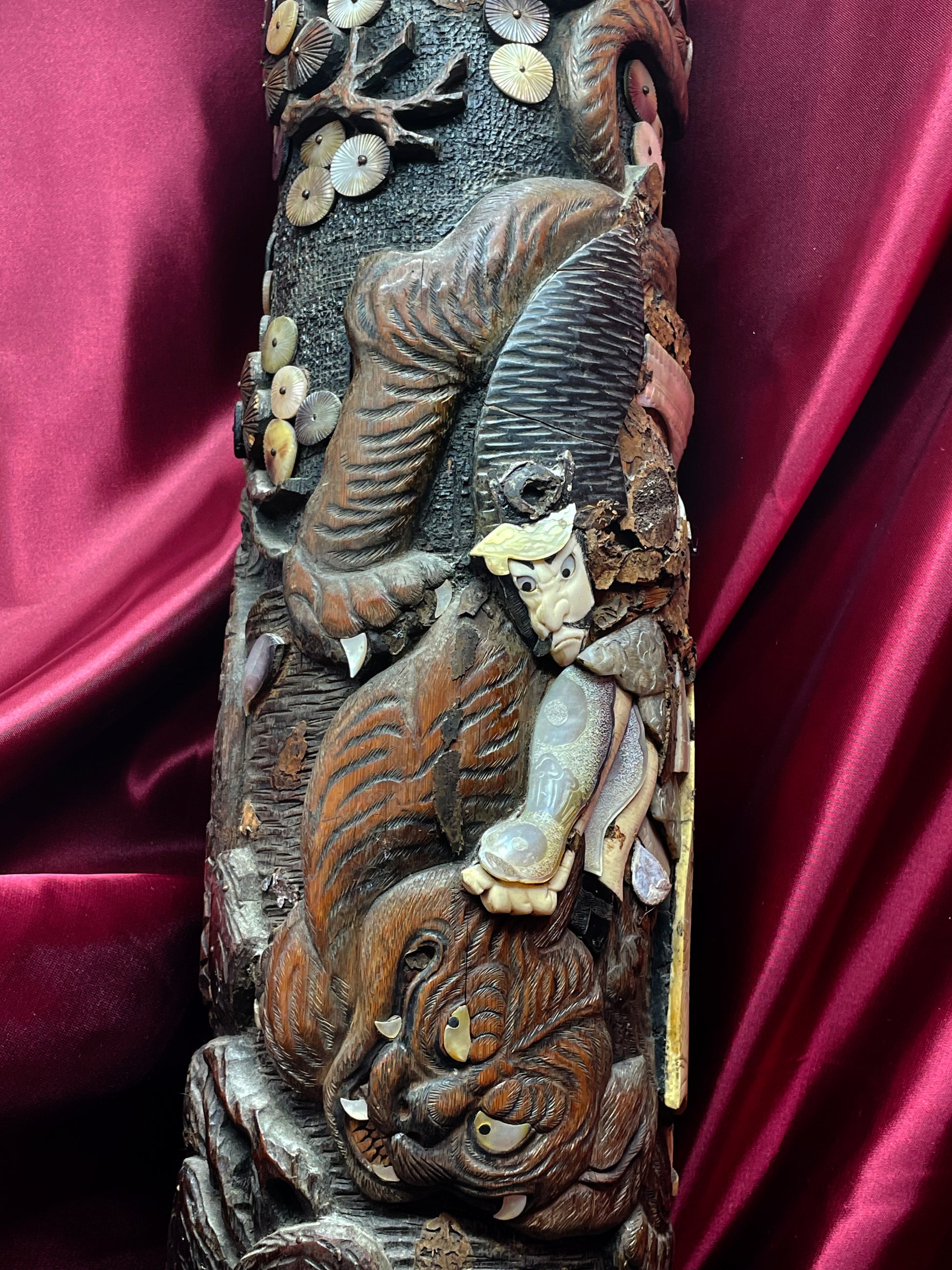 Side view of the two part Japanese carved cask