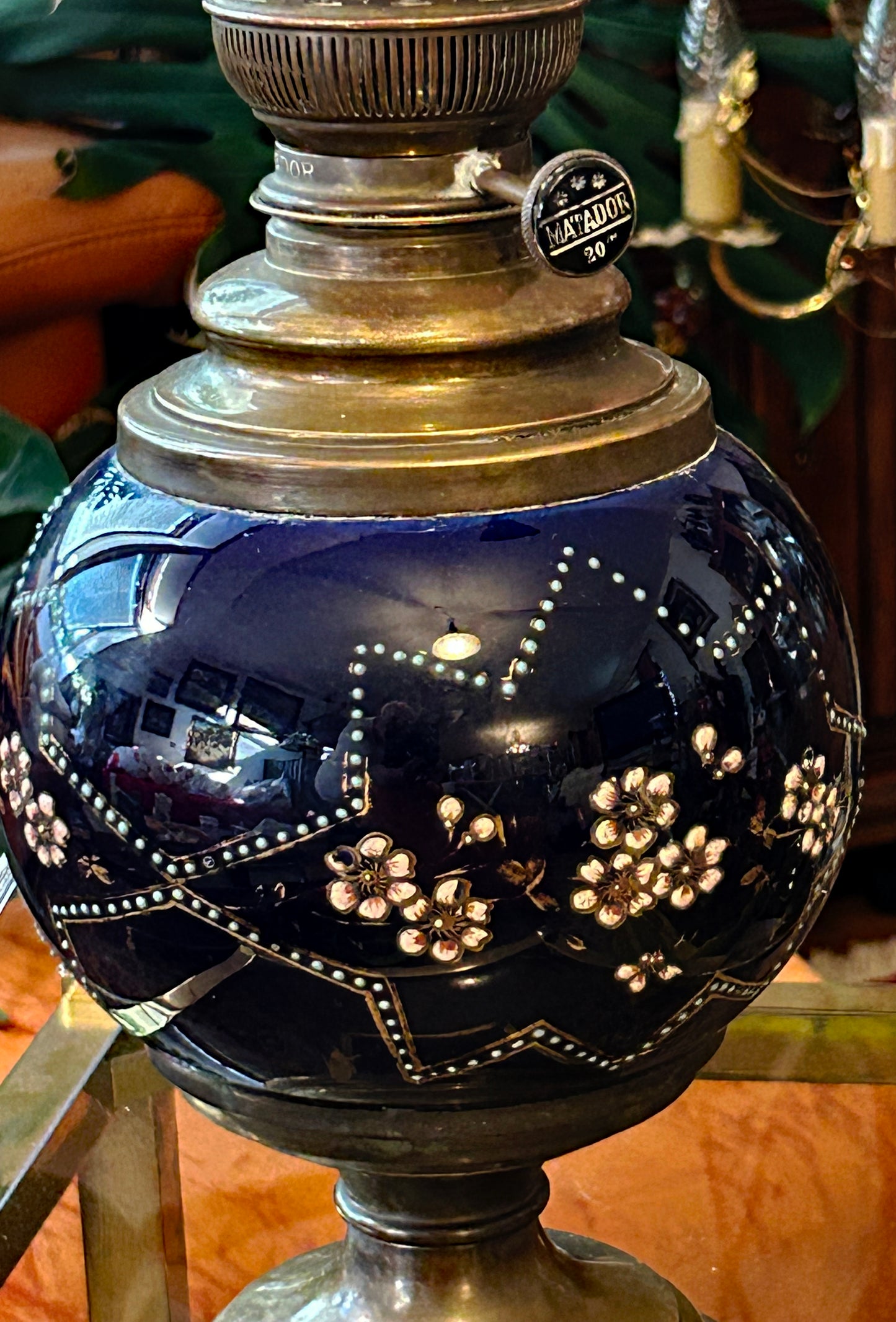 Cobalt blue cloisonné enamel body with raised cherry blossom and beaded geometric decoration