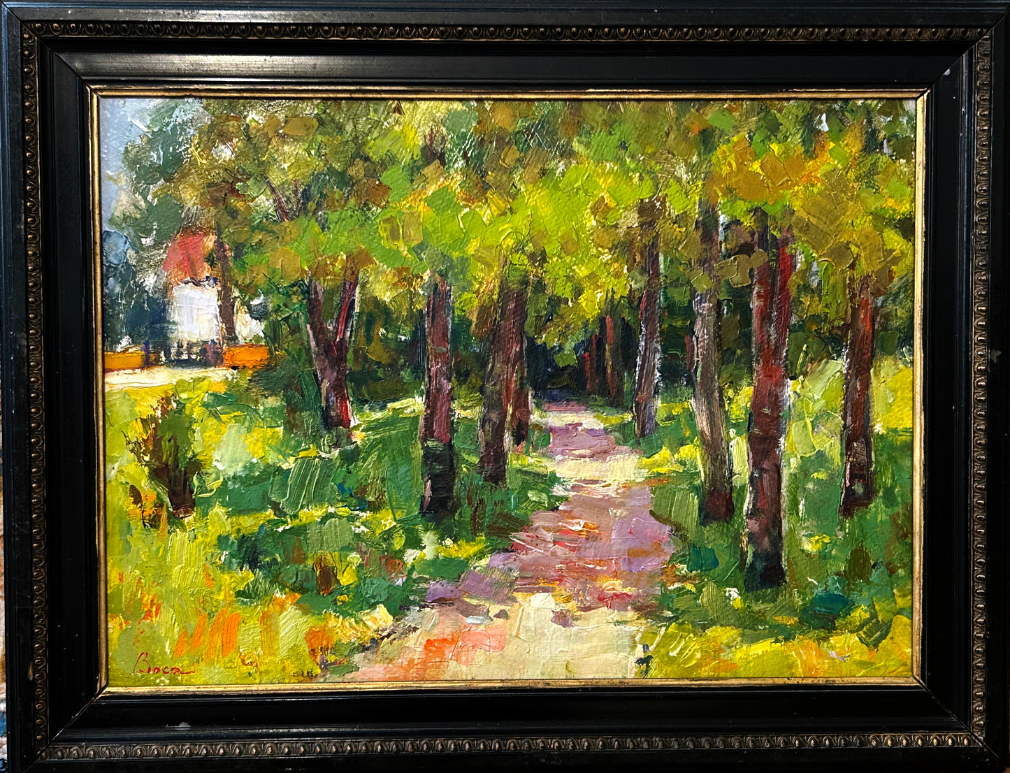 Ștefan Boca oil painting of a sunlit forest path, straight-on view in ornate black and gilt frame
