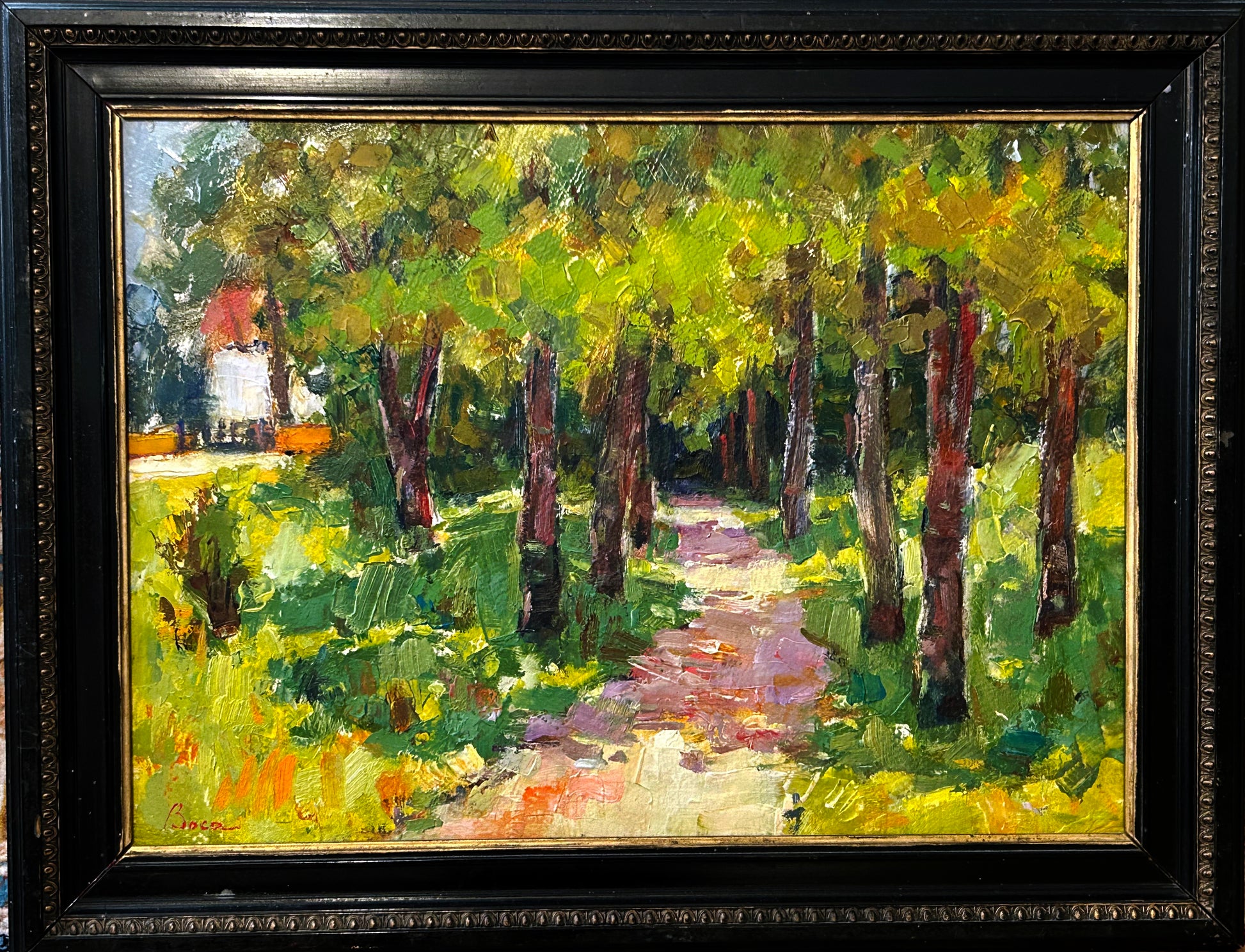Ștefan Boca oil painting of a sunlit forest path, straight-on view in ornate black and gilt frame