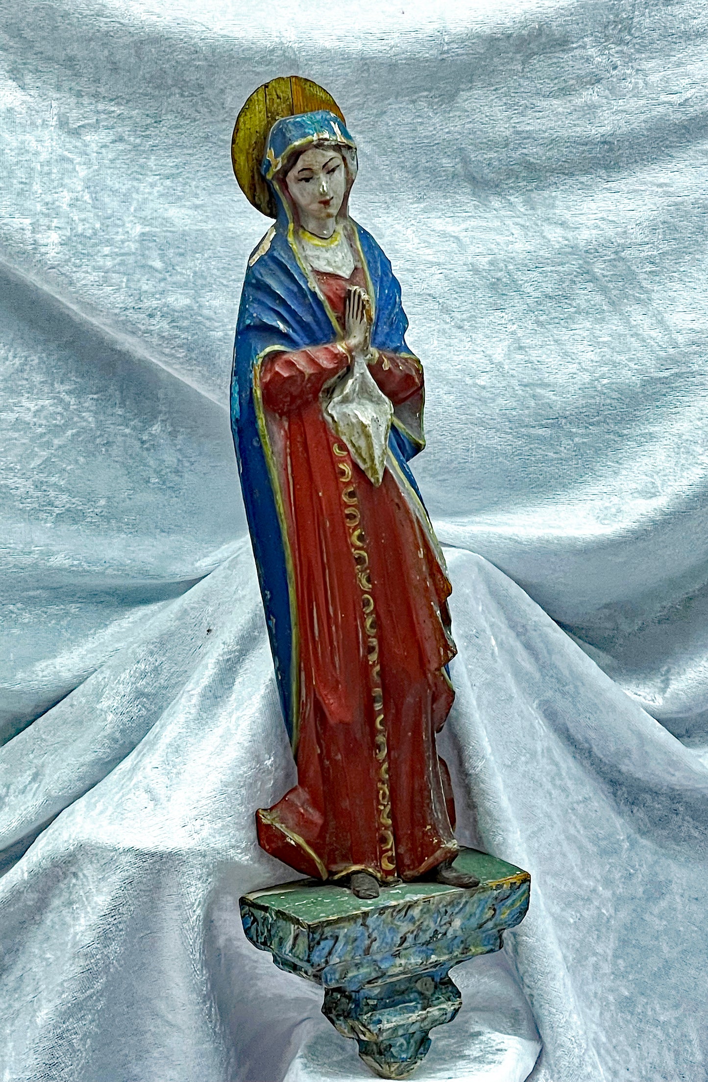 Antique Spanish Madonna Statue – 19th Century Polychrome Gesso Holy Figure – Red Blue White – Hand-Carved Religious Sculpture (36 cm)