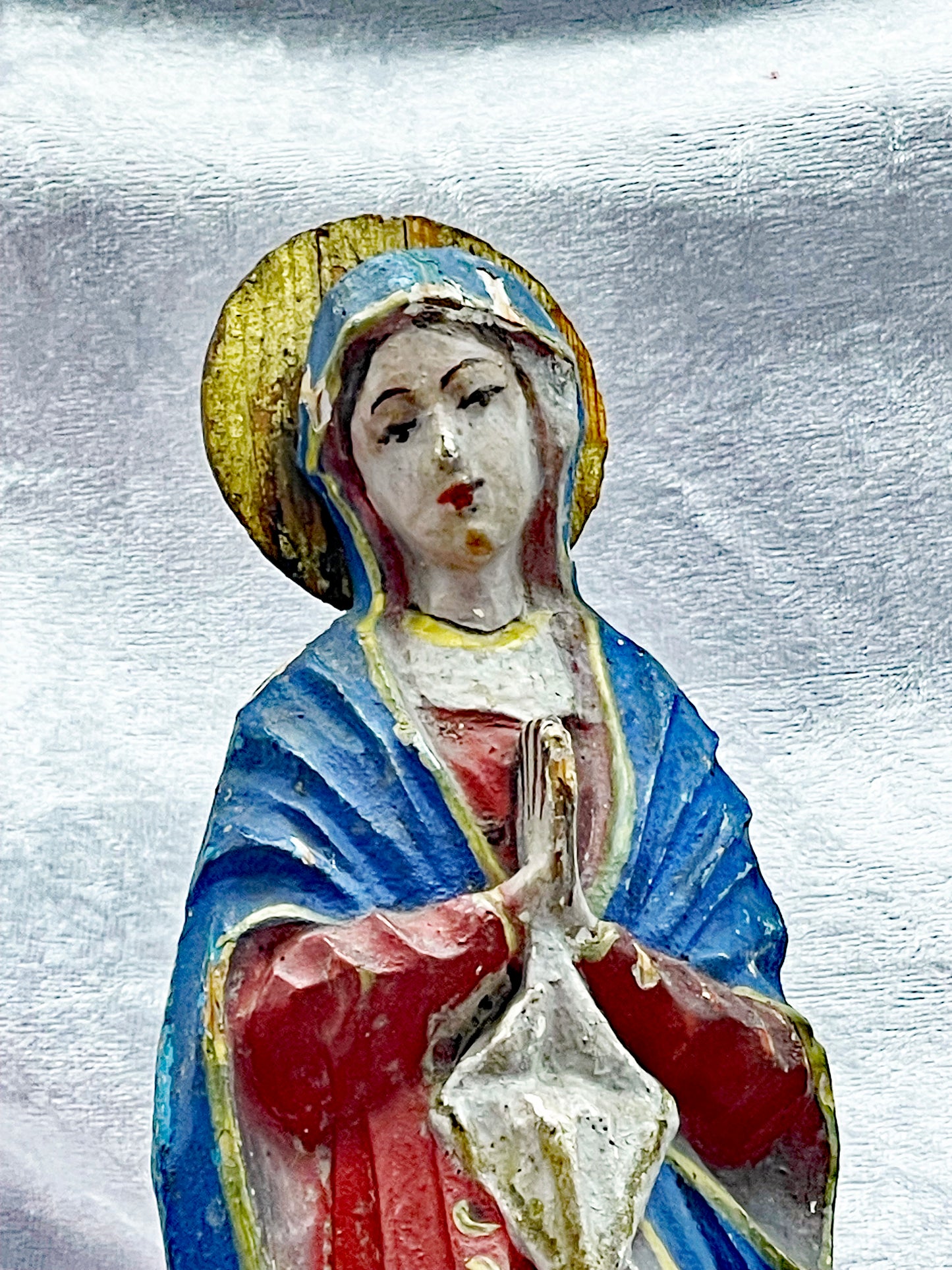 Antique Spanish Madonna Statue – 19th Century Polychrome Gesso Holy Figure – Red Blue White – Hand-Carved Religious Sculpture (36 cm)