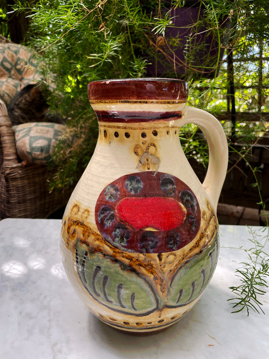 Vintage West German Ceramic Pitcher Vase – Hand-Painted Folk Motif