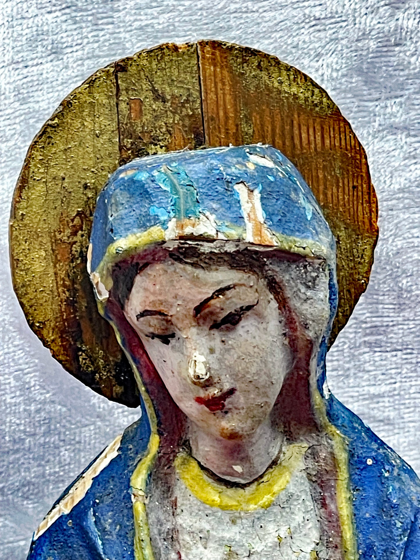 Antique Spanish Madonna Statue – 19th Century Polychrome Gesso Holy Figure – Red Blue White – Hand-Carved Religious Sculpture (36 cm)
