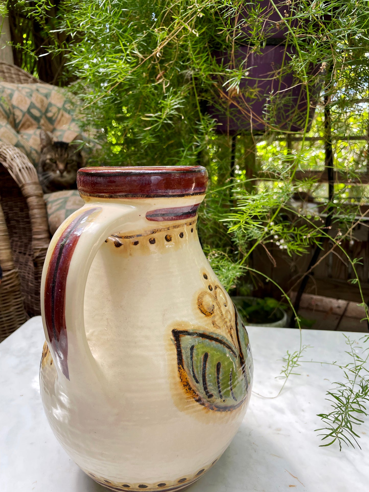Vintage West German Ceramic Pitcher Vase – Hand-Painted Folk Motif