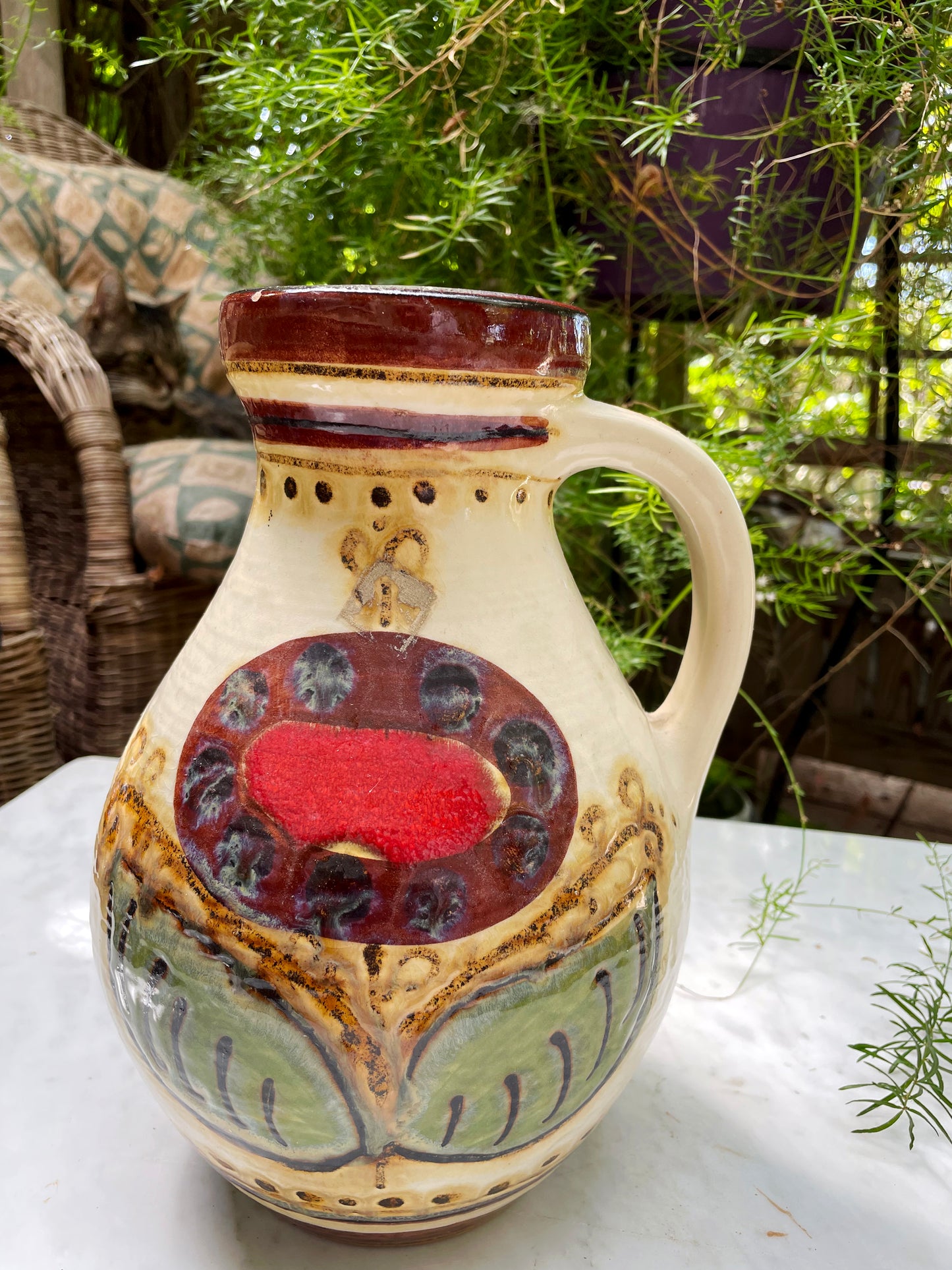 Vintage West German Ceramic Pitcher Vase – Hand-Painted Folk Motif