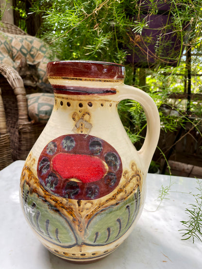 Vintage West German Ceramic Pitcher Vase – Hand-Painted Folk Motif