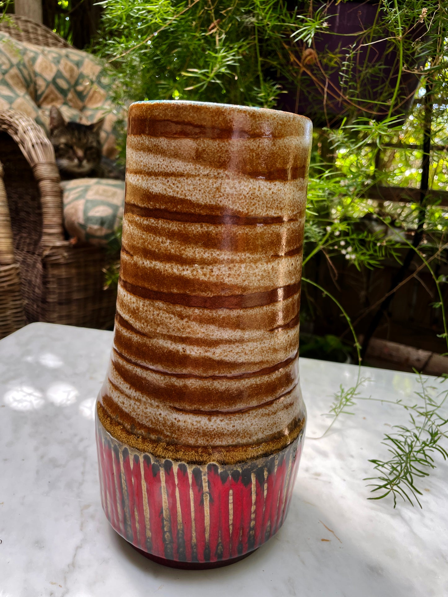 Vintage West German “Fat Lava” Vase with Striped Glaze and Red Drip Base
