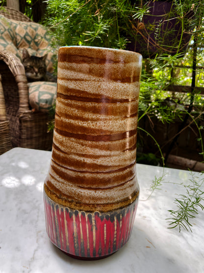 Vintage West German “Fat Lava” Vase with Striped Glaze and Red Drip Base